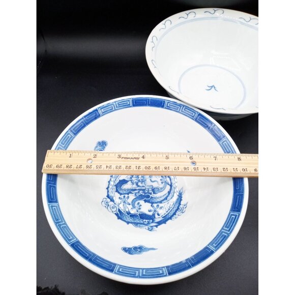 Set of 2 Blue White Porcelain Bowls Dragon and Landscape Design For Ramen 1 Mark - Picture 9 of 16